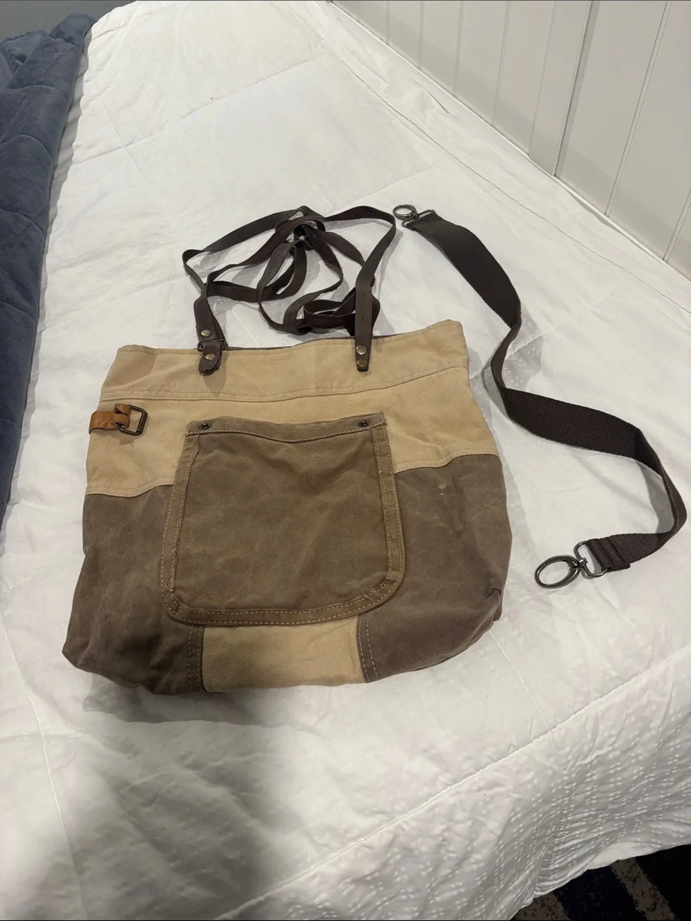 Canvas Patchwork Messenger Bag in Brown and Beige
